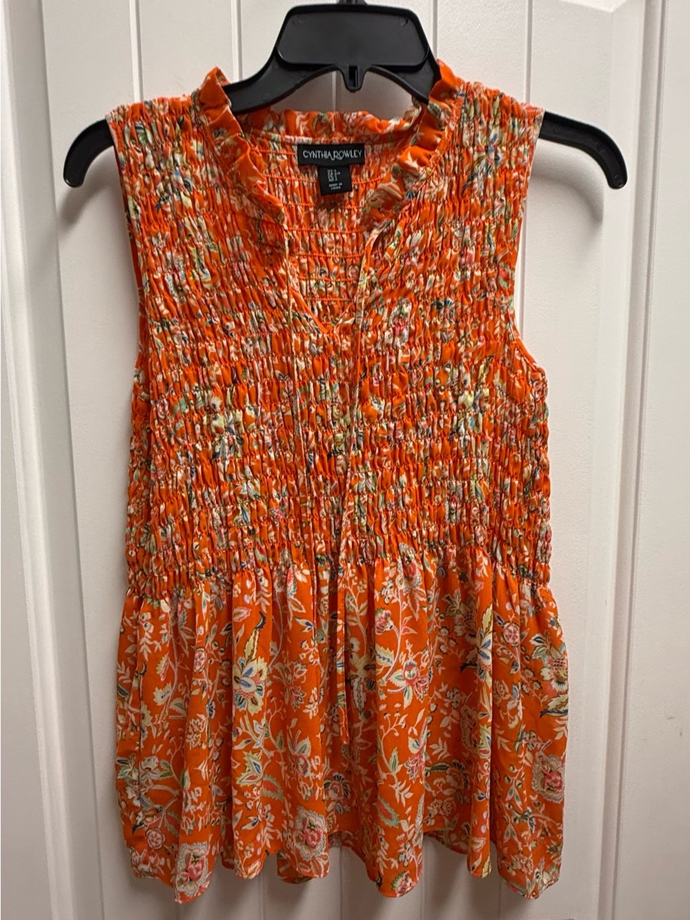 Cynthia Rowley Orange Floral Smocked Sleeveless Tank Top Women Small NWOT
